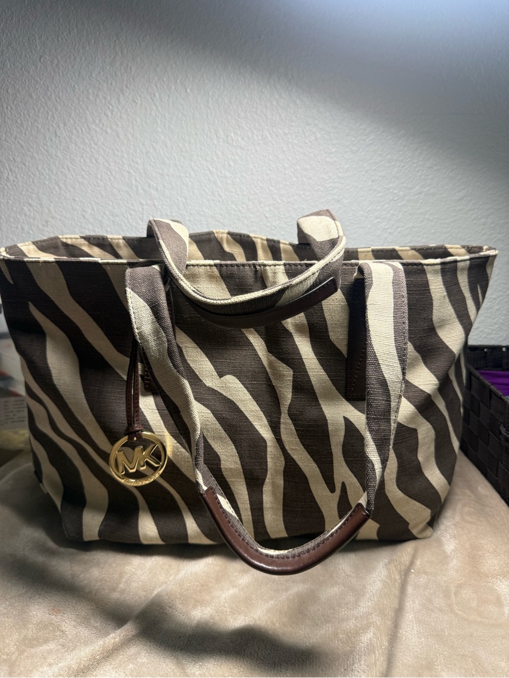 Michael Kors Brown and Cream Zebra-Print Canvas Tote